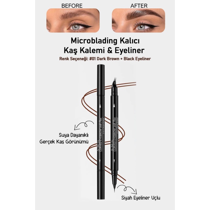 Suya Dayanıklı Çatal Uçlu Kaş Kalemi – 2’si 1 Arada Krem Microblading Etkili Eyeliner & Kaş Kalemi