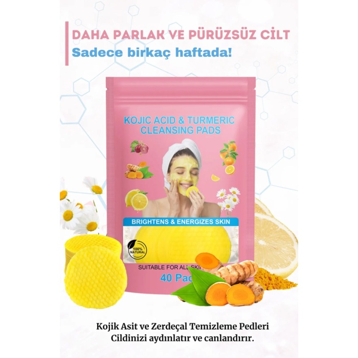 Leke Karşıtı Kojik Asit ve Zerdeçal Yüz Temizleme Pedi – 40 Adet