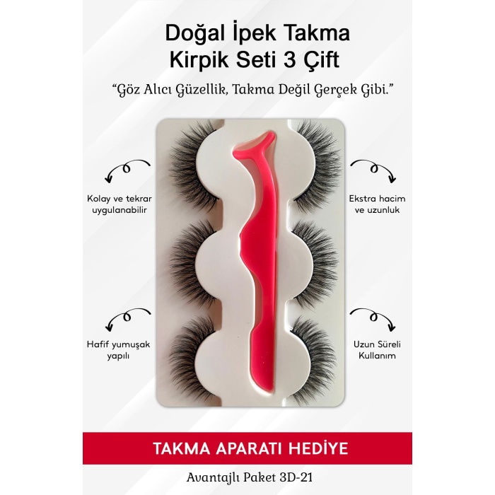 Doğal İpek Takma Kirpik 3 Çift + Kirpik Takma Aparatı 3D-21