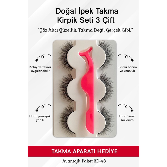 Doğal İpek Takma Kirpik 3 Çift + Kirpik Takma Aparatı 3D-48