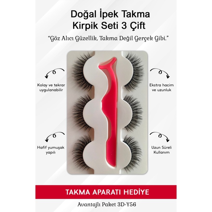 Doğal İpek Takma Kirpik 3 Çift + Kirpik Takma Aparatı 3D-32