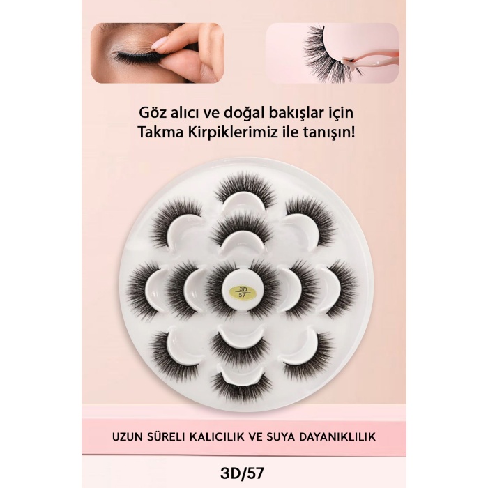 7 Çift Doğal İpek Takma Kirpik 3D 57 Yoğun Hacimli