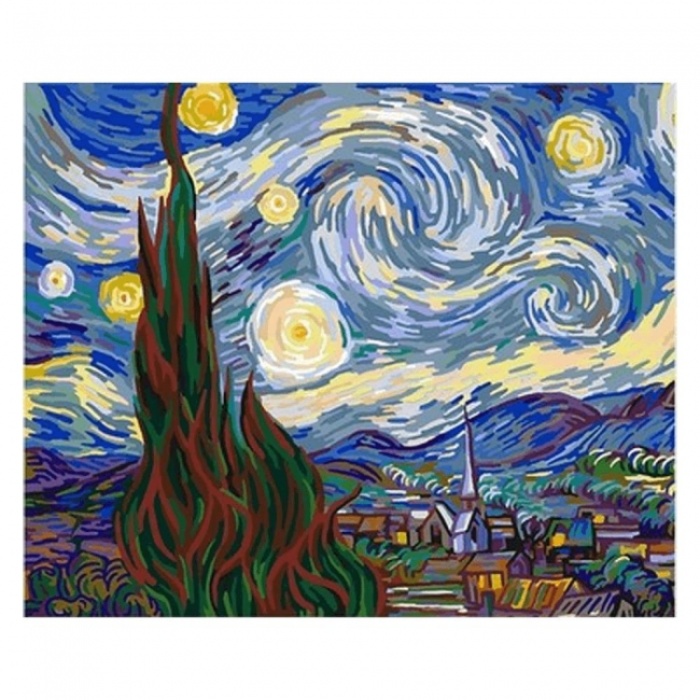Kanvas Sayılarla Boyama Seti Kasnaklı-Çerçeveli Van Gogh Yıldızlı Geceler
