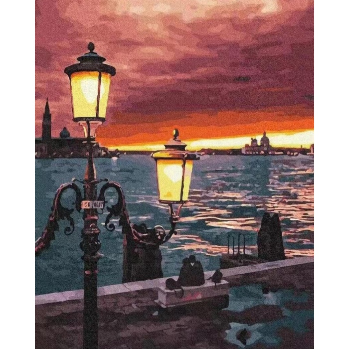 Kanvas Sayılarla Boyama Seti Kasnaklı-Çerçeveli Kordonda Günbatımı Sayılarla Boyama