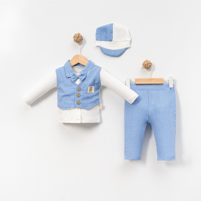 6-9-12-18 Ay Yelek Detaylı Kasketli Uzun Kollu Mevsimlik 3 Lü Erkek Takımı