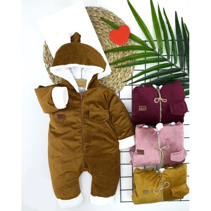 3-6-9-12 Ay Fermuar Kapamalı Kadife Kumaş İçi Tüylü Kız Erkek Bebek Tulumu