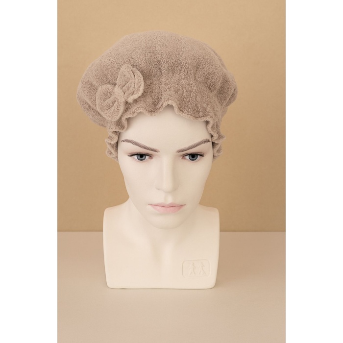 Saç Kurulama Banyo Duş Bonesi – %100 Pamuk , Fiyonklu Kahverengi