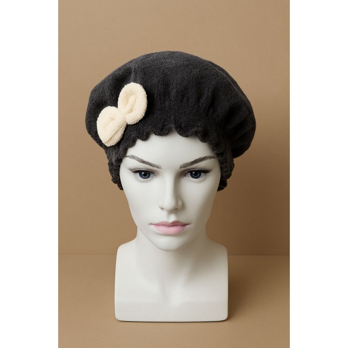 Saç Kurulama Banyo Duş Bonesi – %100 Pamuk , Fiyonklu Siyah