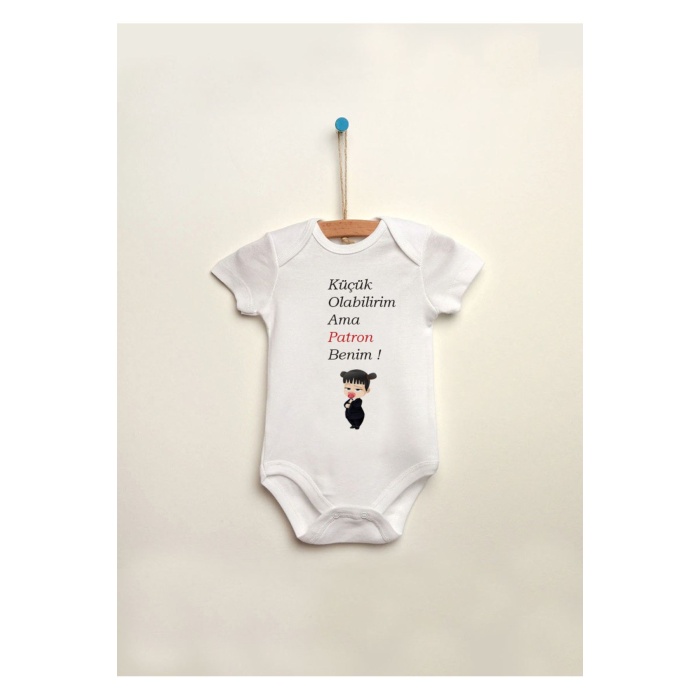 Küçük Olabilirim Ama Patron Benim Baskılı %100 Pamuklu Çıtçıtlı Bebek Body Zıbın Atlet Tulum