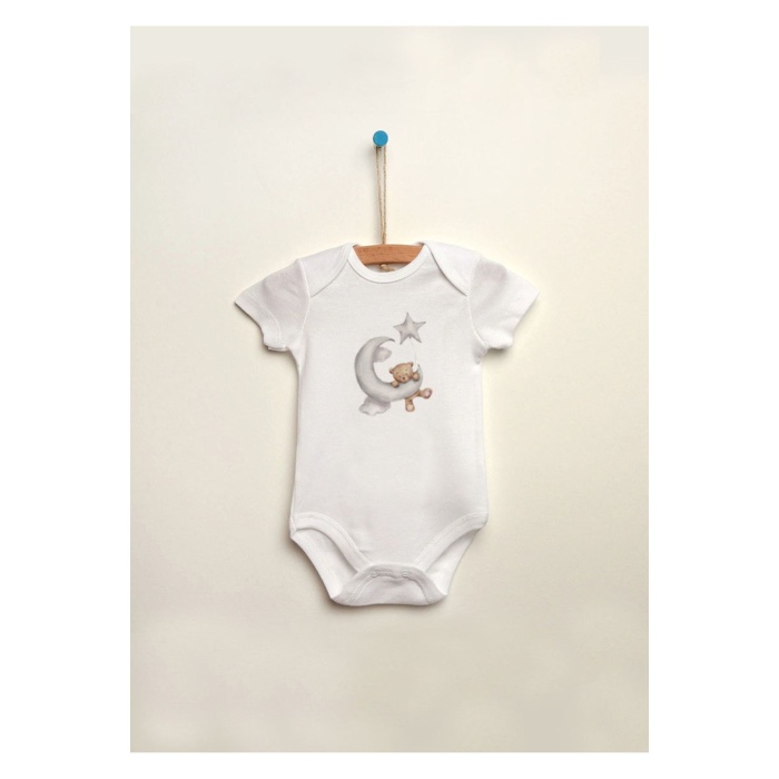Ayıcık Bear Ay Yıldız Baskılı %100 Pamuklu Çıtçıtlı Bebek Body Zıbın Atlet Tulum