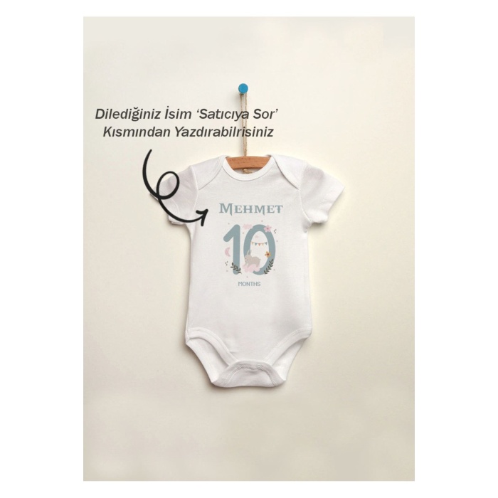 10 Aylık İsme Özel İsimli Baskılı %100 Pamuklu Çıtçıtlı Bebek Body Zıbın Atlet Tulum