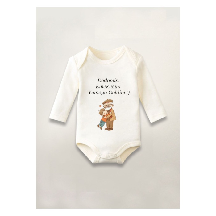 Emekli Dede Baskılı Pamuklu Uzun Kollu Çıtçıtlı Bebek Body Zıbın Atlet Tulum