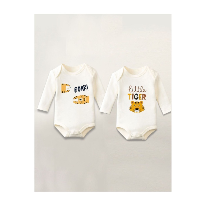 Kaplan Tiger Baskılı 2li Pamuklu Uzun Kollu Çıtçıtlı Bebek Body Zıbın Atlet Tulum