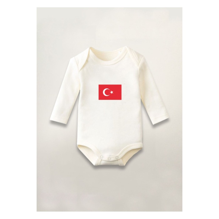 Türkiye Türk Bayrağı Baskılı Pamuklu Uzun Kollu Çıtçıtlı Bebek Body Zıbın Atlet Tulum