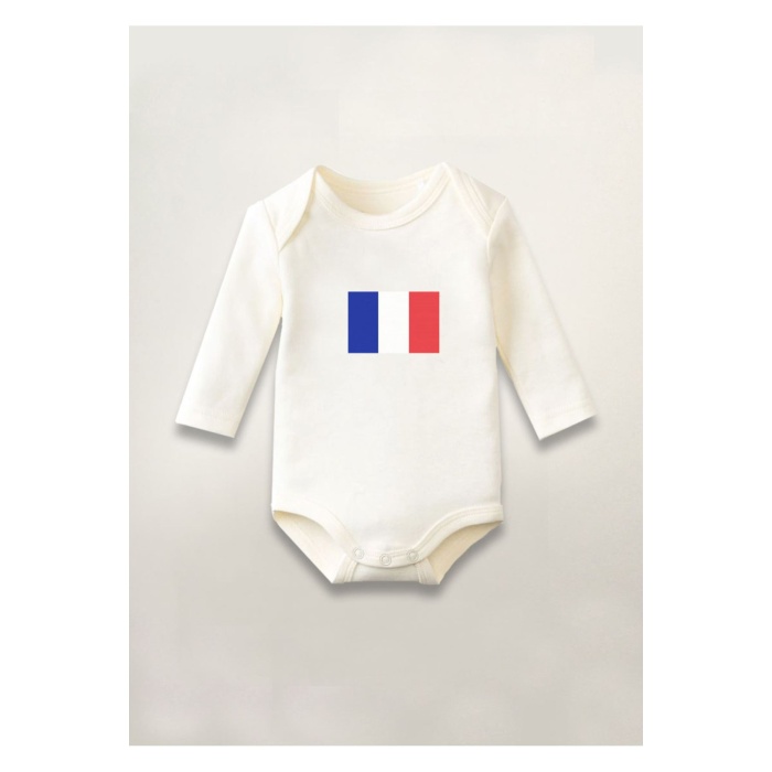 Fransa Bayrağı Baskılı Pamuklu Uzun Kollu Çıtçıtlı Bebek Body Zıbın Atlet Tulum
