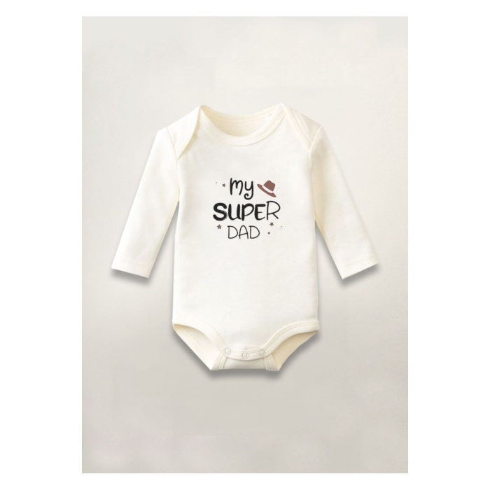 My Süper Dad Baba Baskılı Pamuklu Uzun Kollu Çıtçıtlı Bebek Body Zıbın Atlet Tulum