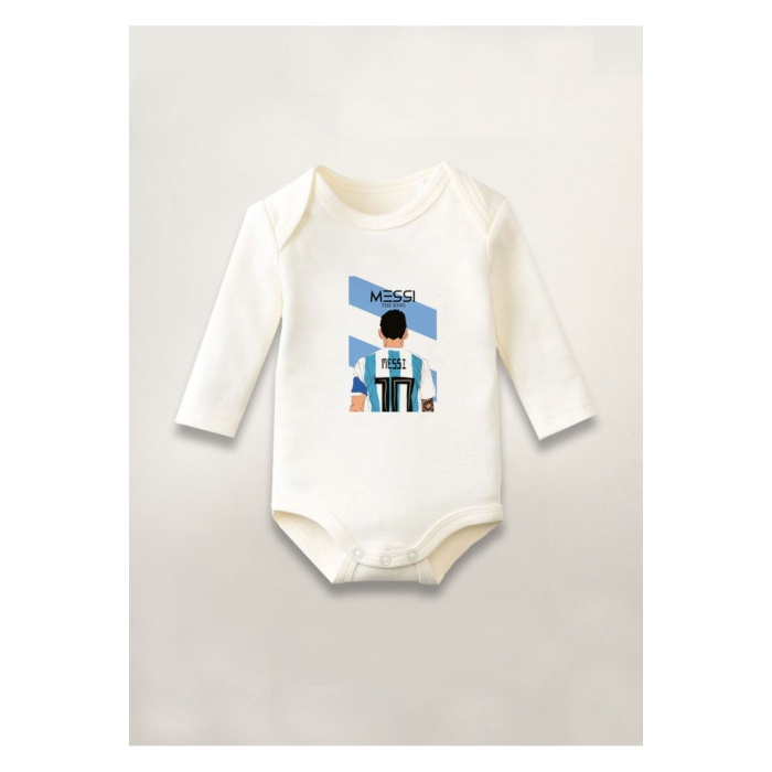 Futbolcu Messi Baskılı Pamuklu Uzun Kollu Çıtçıtlı Bebek Body Zıbın Atlet Tulum