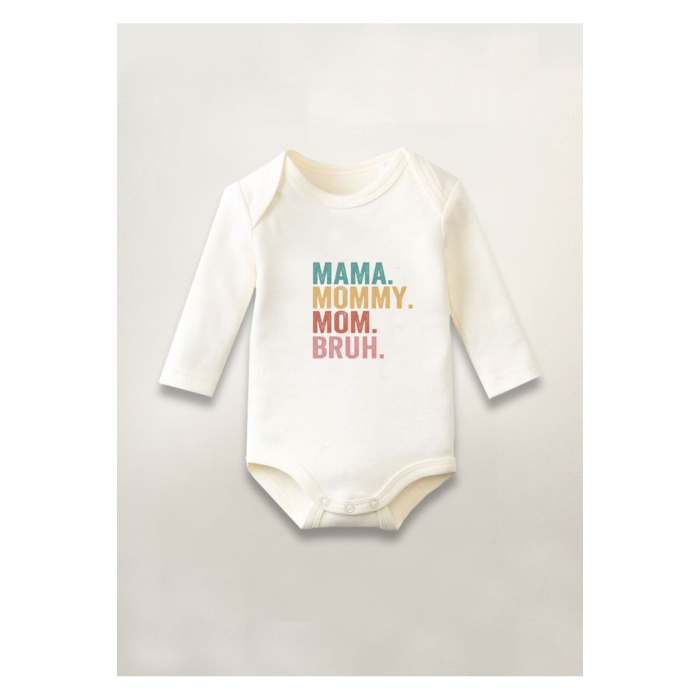 Mom Mama Bruh Baskılı Pamuklu Uzun Kollu Çıtçıtlı Bebek Body Zıbın Atlet Tulum