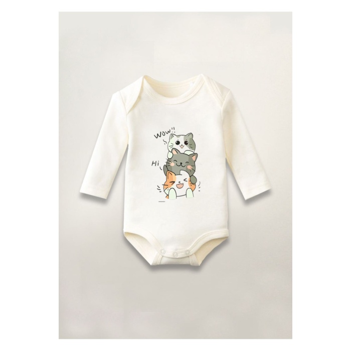 Sevimli 3 Kedi Cat Baskılı Pamuklu Uzun Kollu Çıtçıtlı Bebek Body Zıbın Atlet Tulum