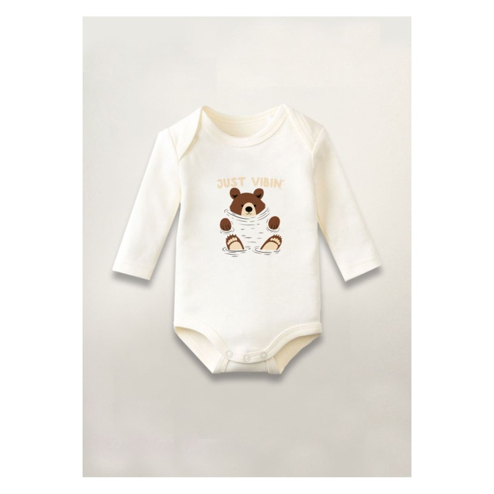 Ayıcık Ayı Baskılı Pamuklu Uzun Kollu Çıtçıtlı Bebek Body Zıbın Atlet Tulum