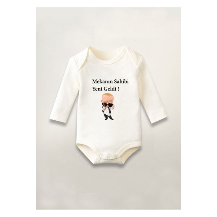 Mekanın Sahibi Yeni Geldi Baskılı Pamuklu Uzun Kollu Çıtçıtlı Bebek Body Zıbın Atlet Tulum