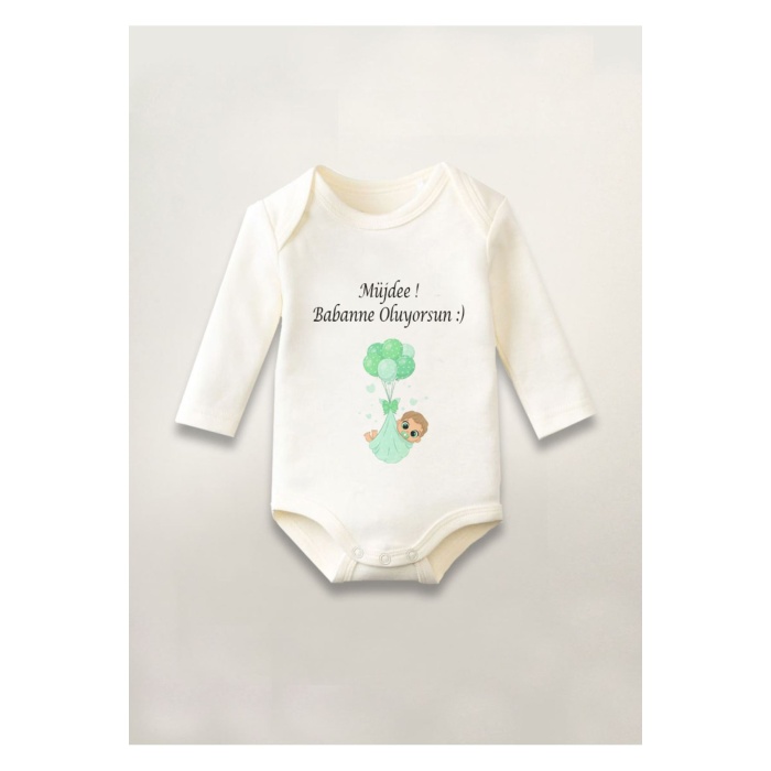 Müjde Babanne Oluyorsun Baskılı Pamuklu Uzun Kollu Çıtçıtlı Bebek Body Zıbın Atlet Tulum