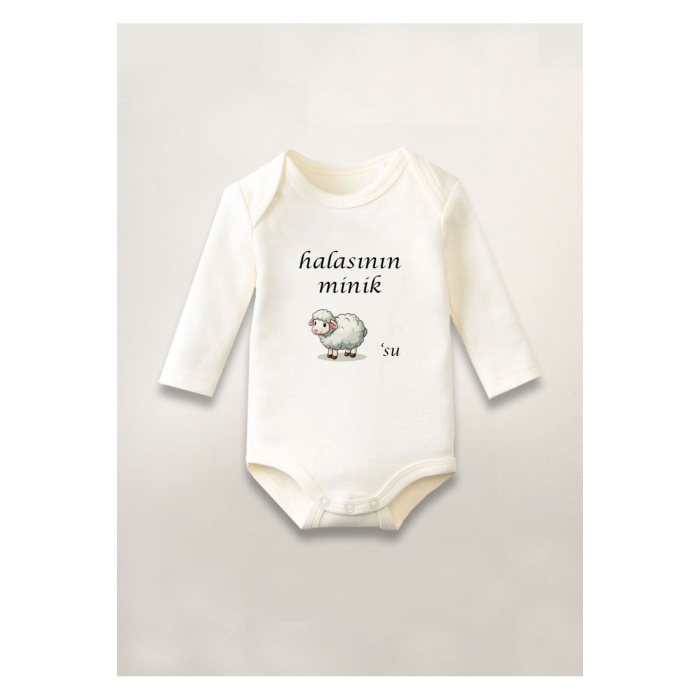 Halasının Minik Kuzusu Baskılı Pamuklu Uzun Kollu Çıtçıtlı Bebek Body Zıbın Atlet Tulum