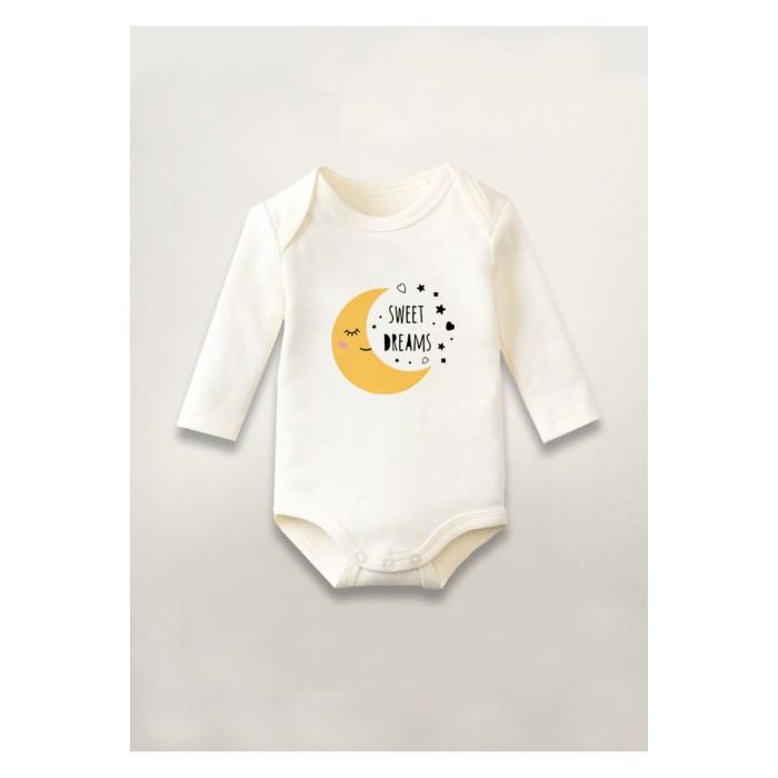 Sweet Dreams İyi Geceler Baskılı Pamuklu Uzun Kollu Çıtçıtlı Bebek Body Zıbın Atlet Tulum