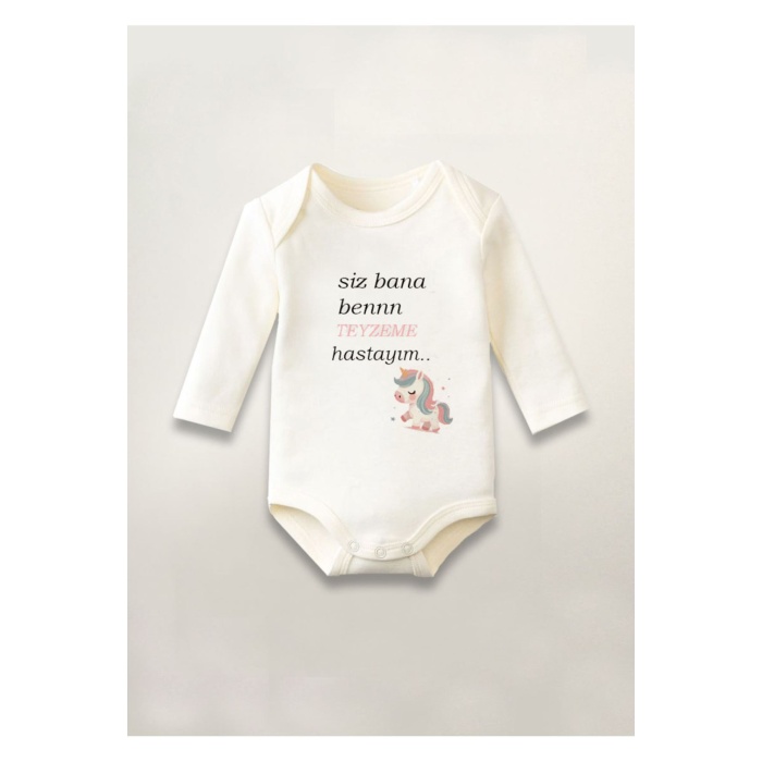 Teyzeme Hastayım Baskılı Pamuklu Uzun Kollu Çıtçıtlı Bebek Body Zıbın Atlet Tulum