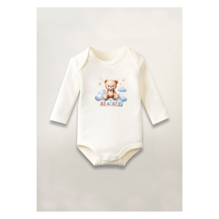 Sevimli Ayıcık Baskılı Pamuklu Uzun Kollu Çıtçıtlı Bebek Body Zıbın Atlet Tulum
