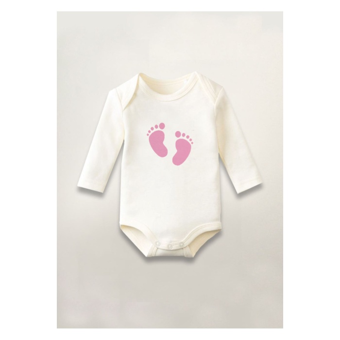Kız Cinsiyet Partisi Ayak Izi Baskılı Pamuklu Uzun Kollu Çıtçıtlı Bebek Body Zıbın Atlet Tulum