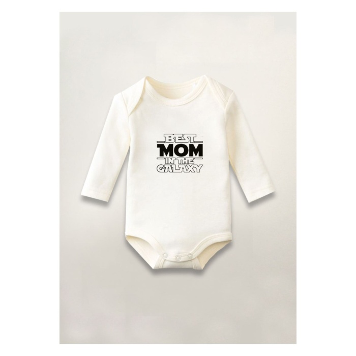 Best Mom İn The Galaxy Baskılı Pamuklu Uzun Kollu Çıtçıtlı Bebek Body Zıbın Atlet Tulum