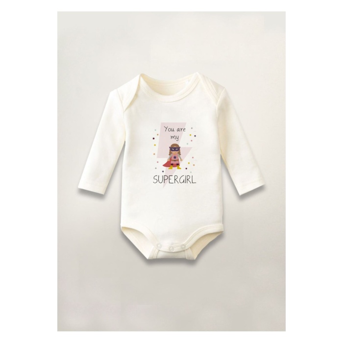 Süper Girl Baskılı Pamuklu Uzun Kollu Çıtçıtlı Bebek Body Zıbın Atlet Tulum