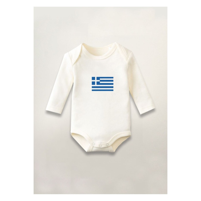 Yunanistan Bayrağı Baskılı Pamuklu Uzun Kollu Çıtçıtlı Bebek Body Zıbın Atlet Tulum