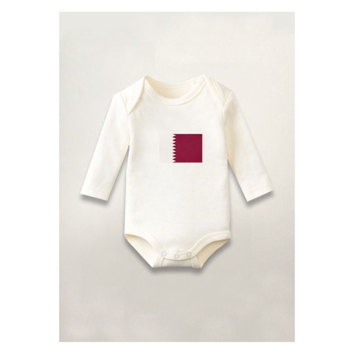 Katar Bayrağı Baskılı Pamuklu Uzun Kollu Çıtçıtlı Bebek Body Zıbın Atlet Tulum