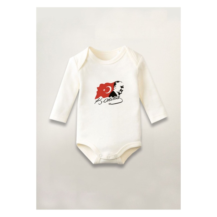 Türk Bayrağı Atatürk Baskılı Pamuklu Uzun Kollu Çıtçıtlı Bebek Body Zıbın Atlet Tulum