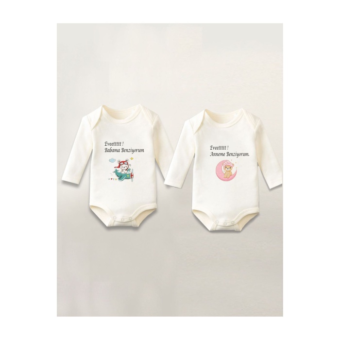 Anne Baba Baskılı 2li Pamuklu Uzun Kollu Çıtçıtlı Bebek Body Zıbın Atlet Tulum