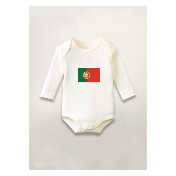 Portekiz Bayrağı Baskılı Pamuklu Uzun Kollu Çıtçıtlı Bebek Body Zıbın Atlet Tulum