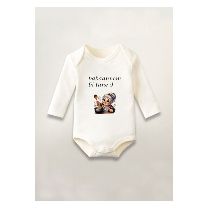 Babaannem Bi tane Baskılı Pamuklu Uzun Kollu Çıtçıtlı Bebek Body Zıbın Atlet Tulum