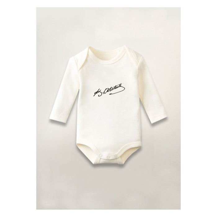Mustafa Kemal Atatürk İmza Baskılı Pamuklu Uzun Kollu Çıtçıtlı Bebek Body Zıbın Atlet Tulum