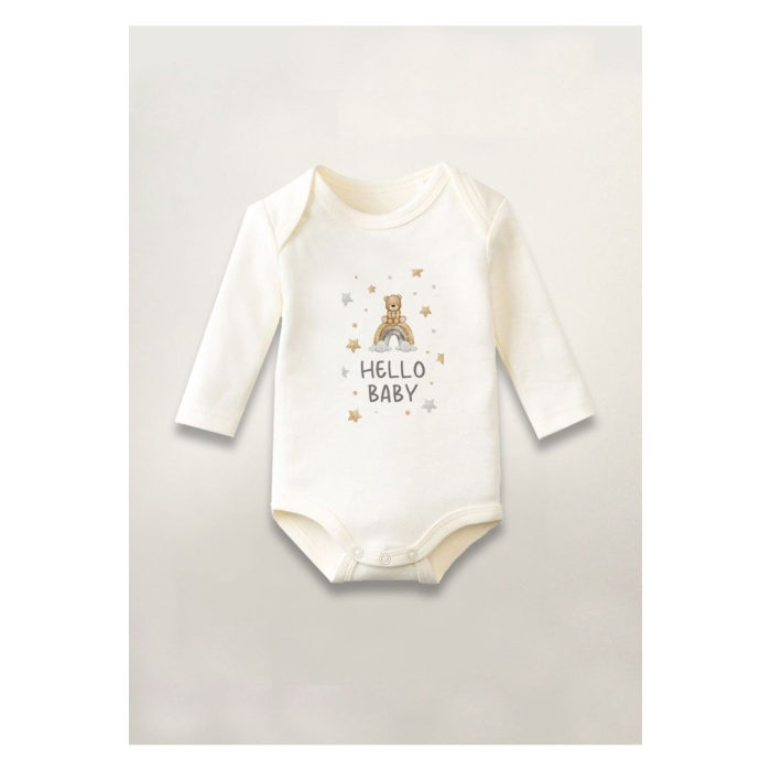 Hello Baby Baskılı Pamuklu Uzun Kollu Çıtçıtlı Bebek Body Zıbın Atlet Tulum