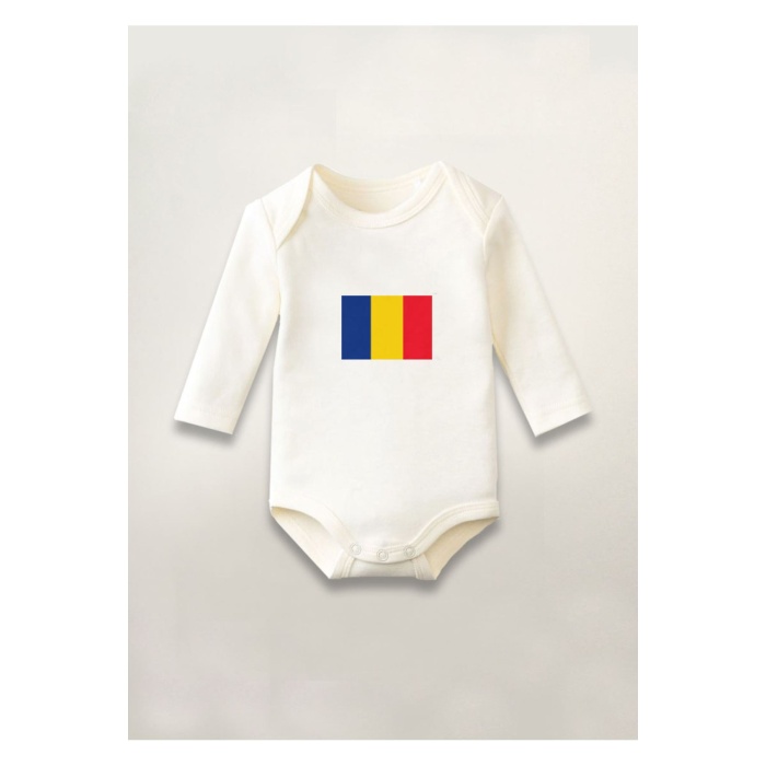 Romanya Bayrağı Baskılı Pamuklu Uzun Kollu Çıtçıtlı Bebek Body Zıbın Atlet Tulum