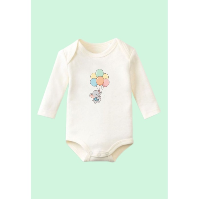 Baskılı Zıbın Balonlu Fil Tasarımlı Unisex  Çıtçıtlı  Beyaz