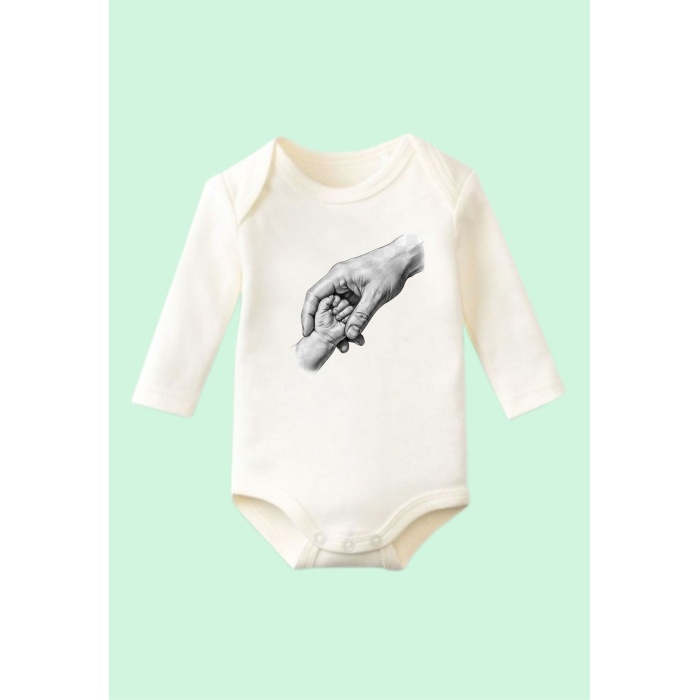Bebek Body Baba Eli Tasarımlı  Kumaş  Uzun Kollu