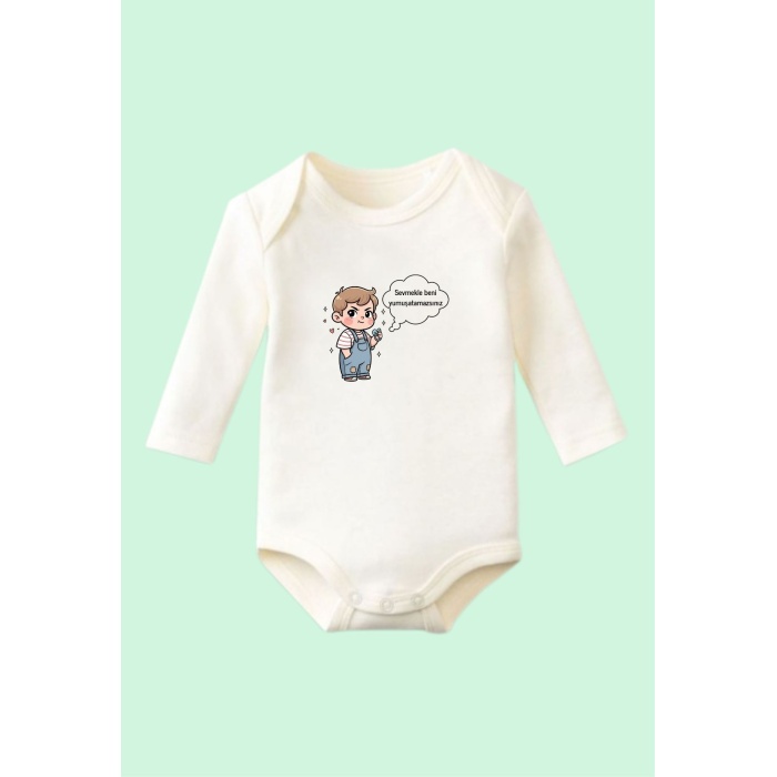 Unisex Bebek  Beyaz Body Sert Çocuk Tasarımlı Uzun Kollu Body  Pamuklu Beyaz