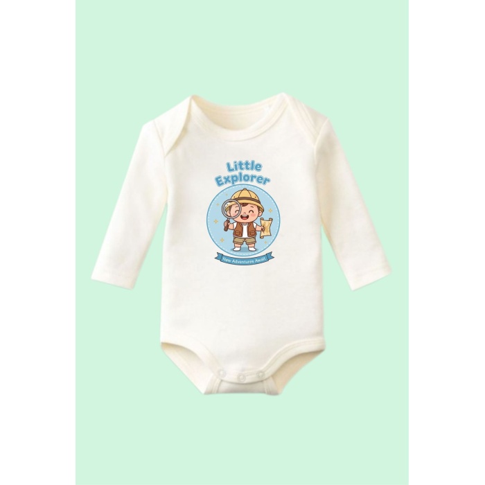 Unisex Body Meraklı Bebek Tasarımlı Pamuk Yuvarlak Yaka