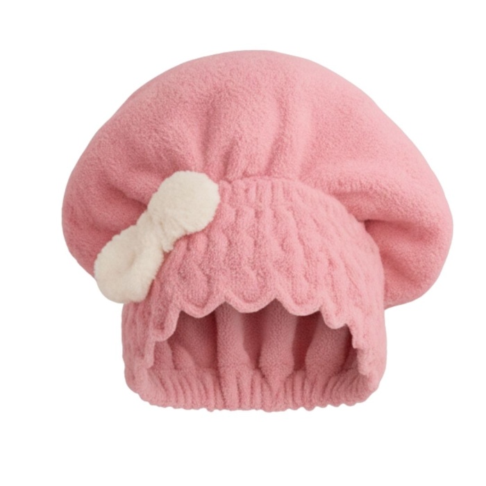 Saç Kurulama Banyo Duş Bonesi – %100 Pamuk , Fiyonklu Pembe