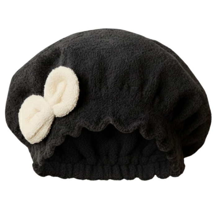 Saç Kurulama Banyo Duş Bonesi – %100 Pamuk , Fiyonklu Siyah