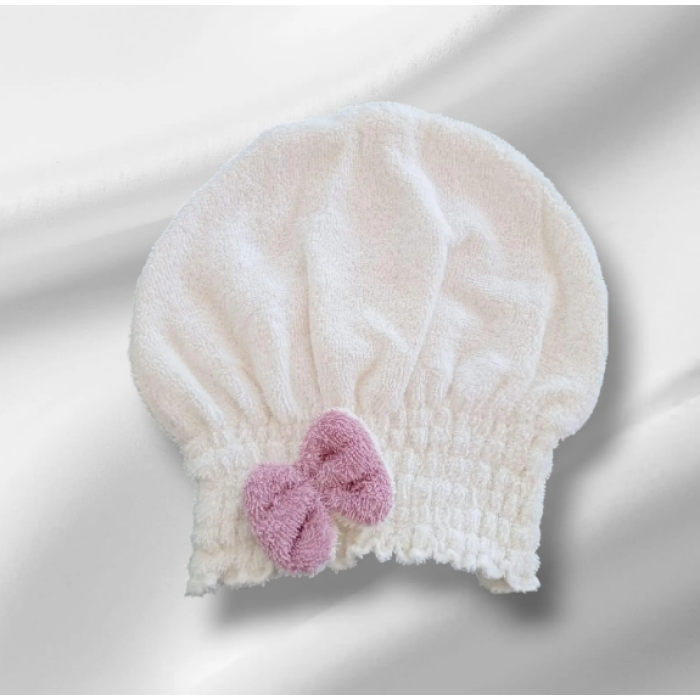 Saç Kurulama Banyo Duş Bonesi – %100 Pamuk , Fiyonklu Beyaz