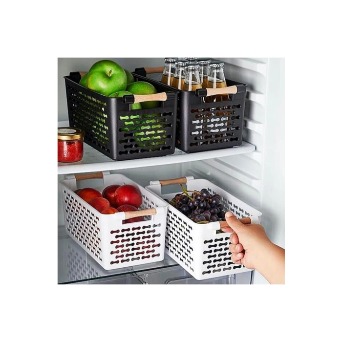 4 Adet Buzdolabı Içi Düzenleyici Sebze Meyve Sepeti, Mutfak Banyo Tezgah Altı Üstü Organizeri. Ahşap Görünümlü Plastik Saplı Beyaz Renk Organizer